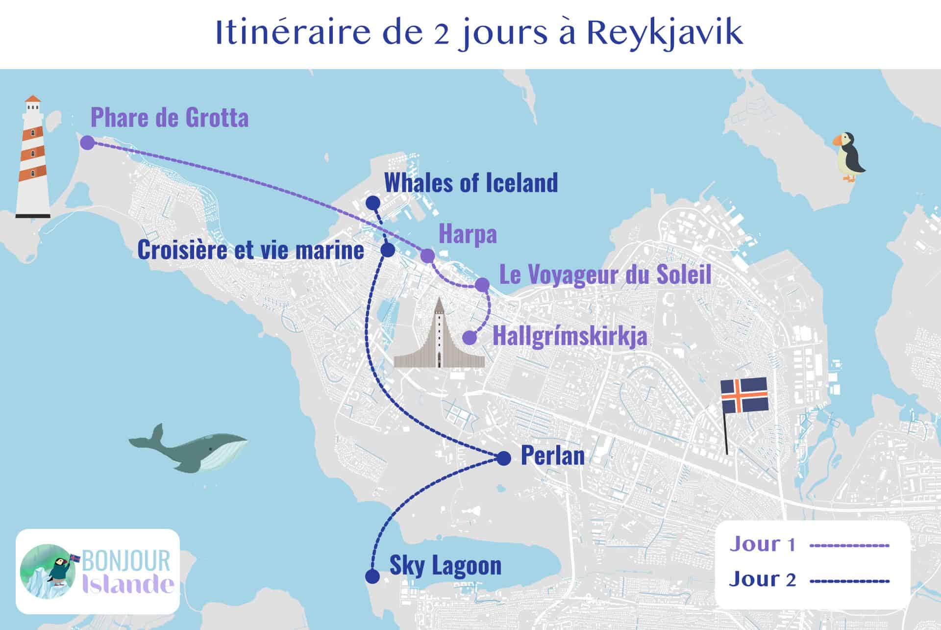 Reykjavik en 2 jours itineraire carte Reykjavik en 2 jours itineraire carte